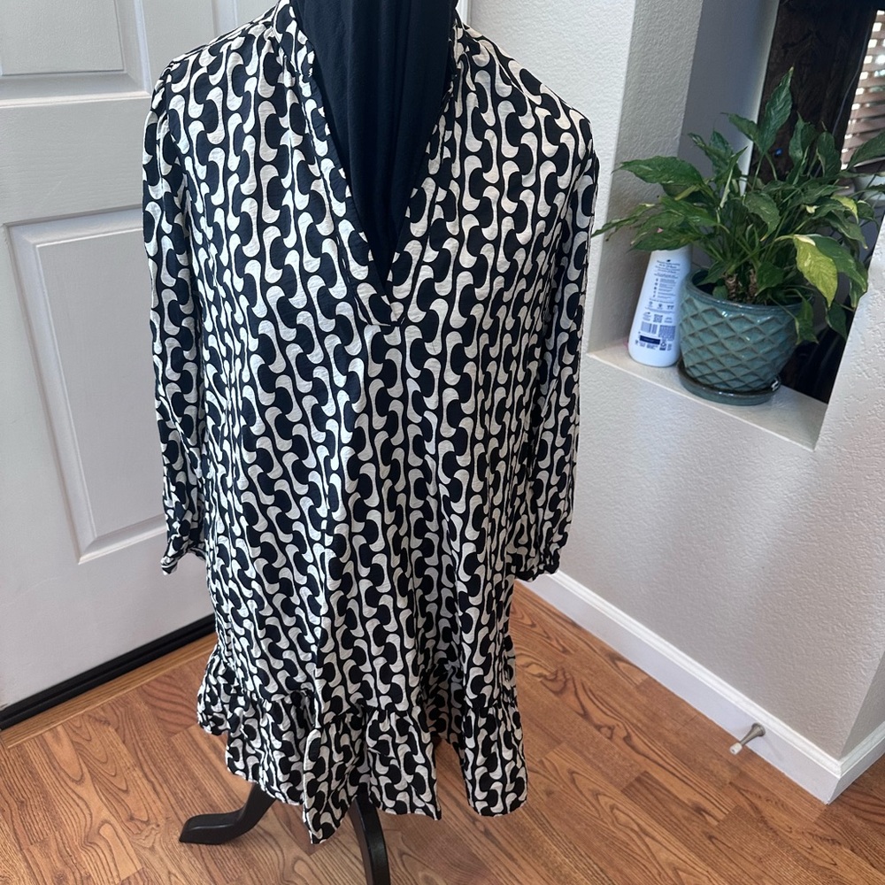 Zara Monochrome Wave Pattern Chemise long sleeve dress